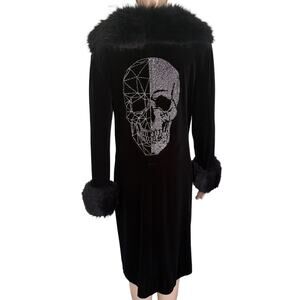 Upcycled Vintage Velvet Skull Rhinestone Coat Faux Fur Collar Bling Gothic Black